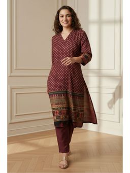 Amydus - Plus Size Border Print Snug Weave Winter Maroon Kurta
