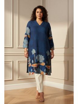 Amydus - Plus Size Floral Snug Weave Winter Blue Kurta