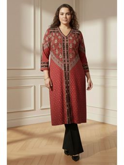Amydus - Plus Size Printed V Neck Snug Weave Winter Red Kurta
