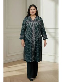 Amydus - Plus Size Printed V Neck Snug Weave Winter Teal Kurta