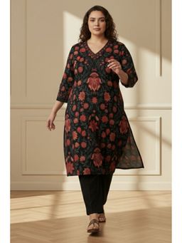 Amydus - Plus Size Floral Snug Weave Winter Black Kurta