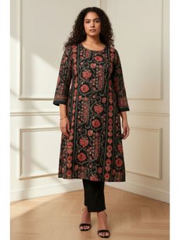 Amydus - Plus Size Floral Round Neck Snug Weave Winter Black Kurta