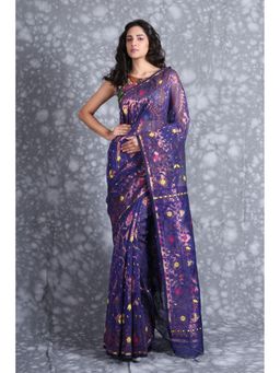 CHARUKRITI - All Over Weaving Royal Blue Jamdani Saree Without Blouse