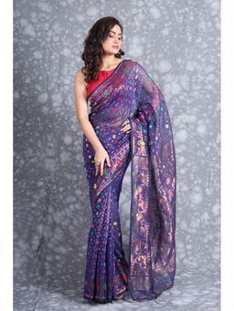 CHARUKRITI - All Over Weaving Blue Jamdani Saree Without Blouse