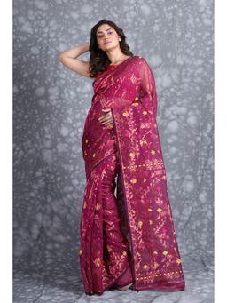 CHARUKRITI - All Over Weaving Magenta Jamdani Saree Without Blouse