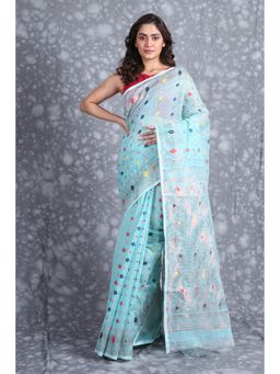 CHARUKRITI - All Over Weaving Sky Blue Jamdani Saree Without Blouse
