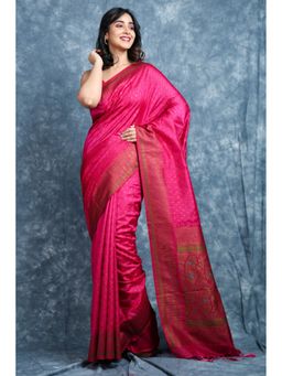 CHARUKRITI - All Over Copper Zari Butta Weaving Pink Silk Saree With Unstitched Blouse