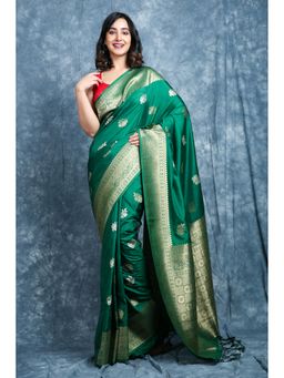 CHARUKRITI - Zari Weaving Green Silk Saree With Unstitched Blouse