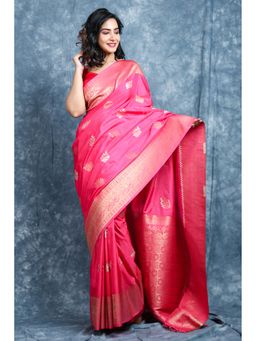 CHARUKRITI - Zari Weaving Punch Pink Silk Saree With Unstitched Blouse