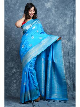 CHARUKRITI - Zari Weaving Sky Blue Silk Saree With Unstitched Blouse