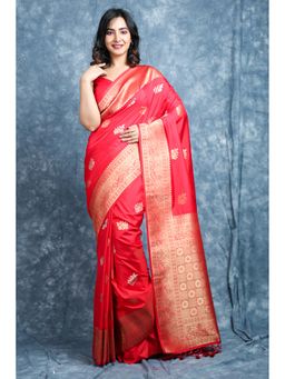 CHARUKRITI - Zari Weaving Red Silk Saree With Unstitched Blouse