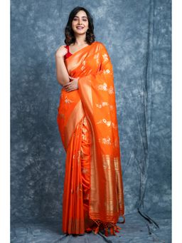 CHARUKRITI - Floral Zari Weaving Orange Silk Saree With Unstitched Blouse