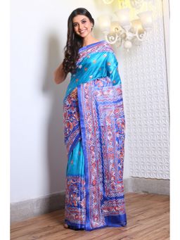 CHARUKRITI - Sky Blue Bangalore Silk Handwoven Kantha Stitch Saree With Unstitched Blouse