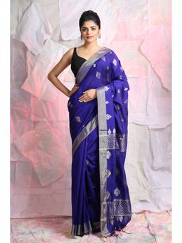 CHARUKRITI - Royal Blue Texture Motif Zari Weaving Handloom Saree With Unstitched Blouse