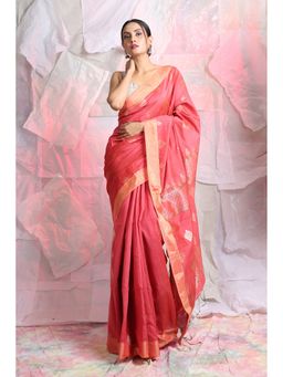 CHARUKRITI - Pink Texture Motif Zari Weaving Handloom Saree With Unstitched Blouse
