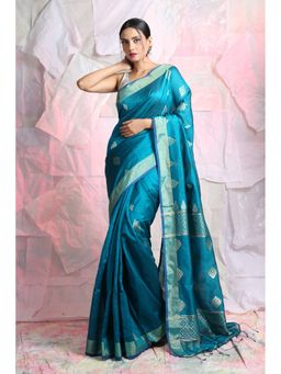 CHARUKRITI - Teal Texture Motif Zari Weaving Handloom Saree With Unstitched Blouse