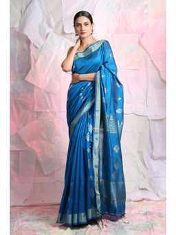 CHARUKRITI - Blue Texture Motif Zari Weaving Handloom Saree With Unstitched Blouse
