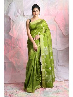 CHARUKRITI - Slimy Green Texture Motif Zari Weaving Handloom Saree With Unstitched Blouse