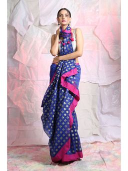 CHARUKRITI - Blue Zari Box Weaving Handloom Saree With Unstitched Blouse