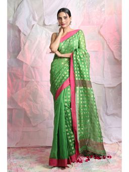 CHARUKRITI - Slimy Green Zari Box Weaving Handloom Saree With Unstitched Blouse