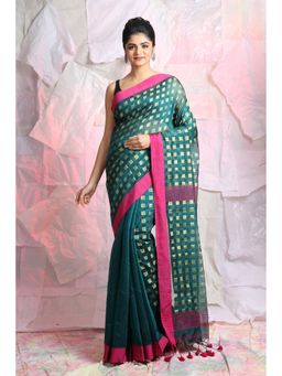 CHARUKRITI - All Over Box Zari Weaving Teal Handloom Saree With Unstitched Blouse