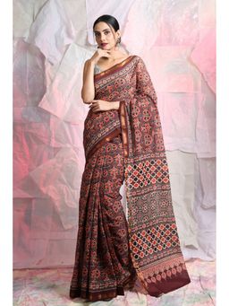 CHARUKRITI - Maroon Ajrakh Printed Saree With Unstitched Blouse