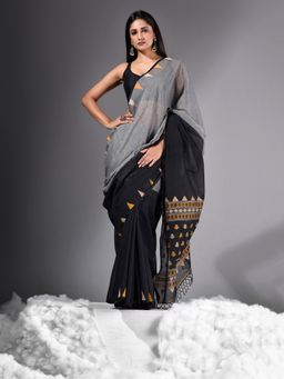 CHARUKRITI - Grey And Black Cotton Soft Saree With Unstitched Blouse