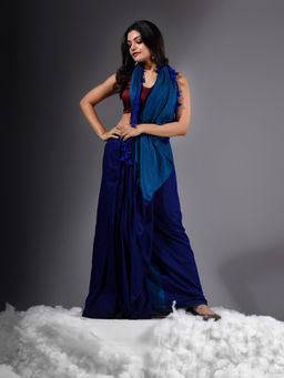 CHARUKRITI - Blue Cotton Handspun Tassel Detailing Saree With Unstitched Blouse