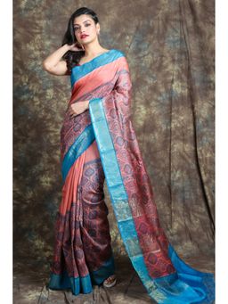 CHARUKRITI - Peach All Over Printed Tessar Silk Saree With Unstitched Blouse