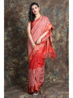CHARUKRITI - Red Printed Tessar Silk Saree With Unstitched Blouse