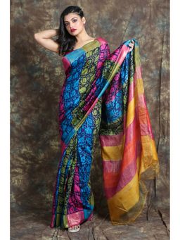 CHARUKRITI - Multicolour Floral Printed Tessar Silk Saree With Unstitched Blouse