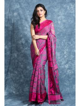 CHARUKRITI - Grey And Pink Jamdani All Over Weaving Saree Without Blouse