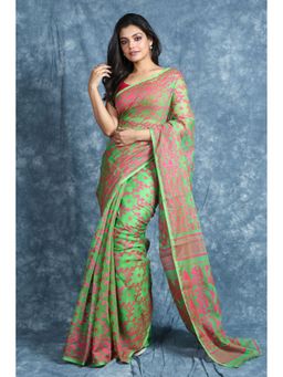 CHARUKRITI - Green Jamdani All Over Weaving Saree Without Blouse
