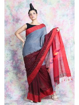 CHARUKRITI - Grey And Maroon Cotton Saree With Unstitched Blouse