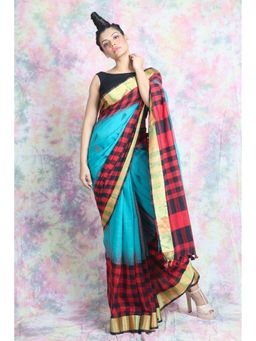 CHARUKRITI - Checkered Design Blue Handloom Saree With Unstitched Blouse