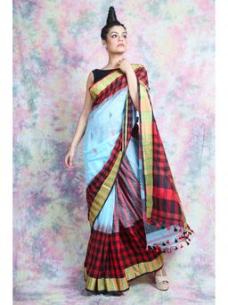 CHARUKRITI - Checkered Design Blue Saree With Unstitched Blouse