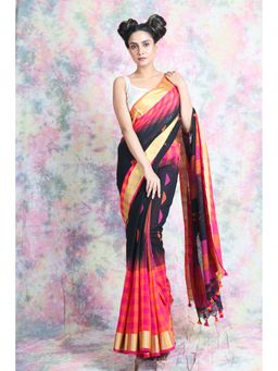 CHARUKRITI - Checkered Design Black Handloom Saree With Unstitched Blouse