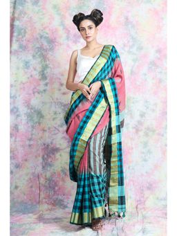 CHARUKRITI - Checkered Design Pink Handloom Saree With Unstitched Blouse