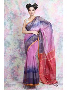 CHARUKRITI - Pink Cotton Blend Handloom Saree With Unstitched Blouse