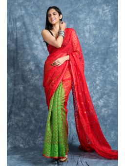 CHARUKRITI - Red And Green Jamdani All Over Weaving Saree Without Blouse