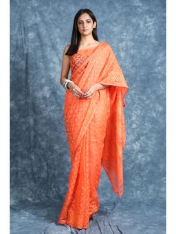 CHARUKRITI - Checkered Weaving Orange Jamdani Saree Without Blouse