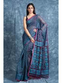 CHARUKRITI - Checkered Weaving Wine Jamdani Saree Without Blouse