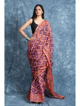 CHARUKRITI - Floral Checks Weaving Blue Jamdani Saree Without Blouse