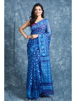 CHARUKRITI - Blue Jamdani All Over Weaving Saree Without Blouse