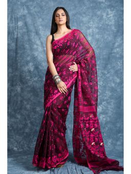 CHARUKRITI - Floral Weaving Wine Jamdani Saree Without Blouse