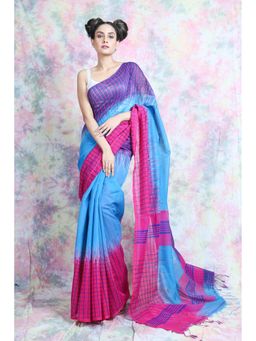 CHARUKRITI - Checks Border Blue Handloom Saree With Unstitched Blouse