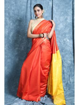 CHARUKRITI - Orange Gheecha Saree With Unstitched Blouse