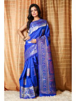CHARUKRITI - Royal Blue Silk Rich Border And Pallu Saree With Unstitched Blouse