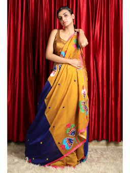 CHARUKRITI - Mustard And Navy Blue Embroidered Saree With Unstitched Blouse