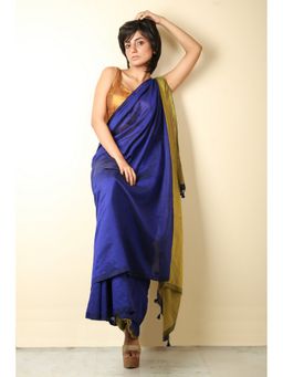 CHARUKRITI - Blue Cotton Handspun Saree With Unstitched Blouse